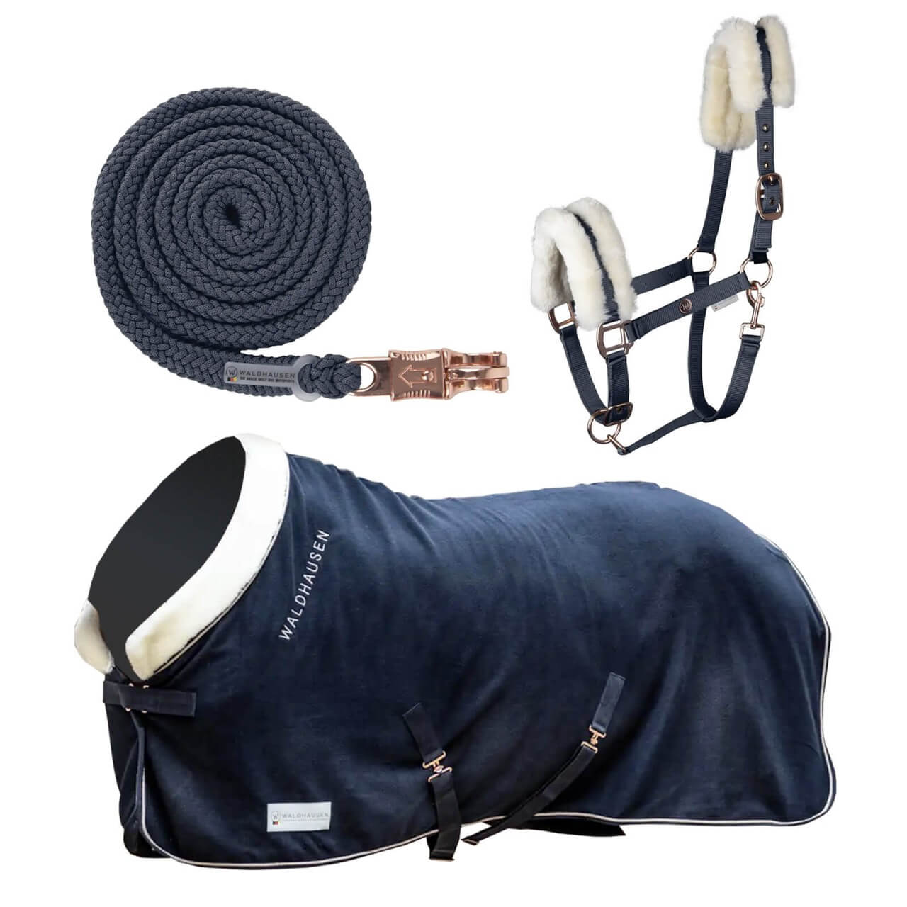 Waldhausen Basic Stall Set - Halfter, Strick & Abschwitzdecke Modern Rosé Nachtblau Waldhausen Basic Stall Set - Halfter, Strick & Abschwitzdecke Modern Rosé Nachtblau