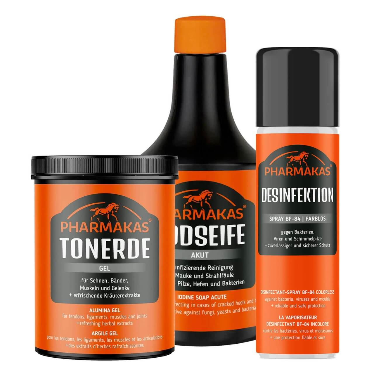 Pharmakas Horse Fitform Stallapotheken Set I - Jodseife, Desinfektionsmittel & Tonerde Gel im Sparpaket Pharmakas Horse Fitform Stallapotheken Set I - Jodseife, Desinfektionsmittel & Tonerde Gel im Sparpaket